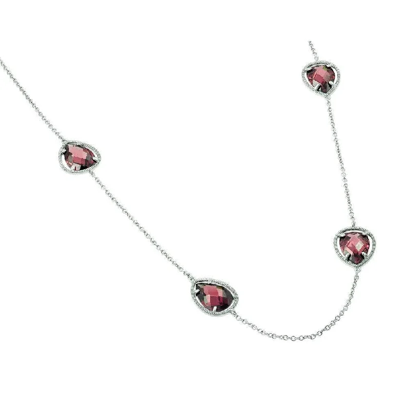 Silver 925 Rhodium Plated Clear CZ Red Pearl Shape Pendant Necklace - BGP00970RED