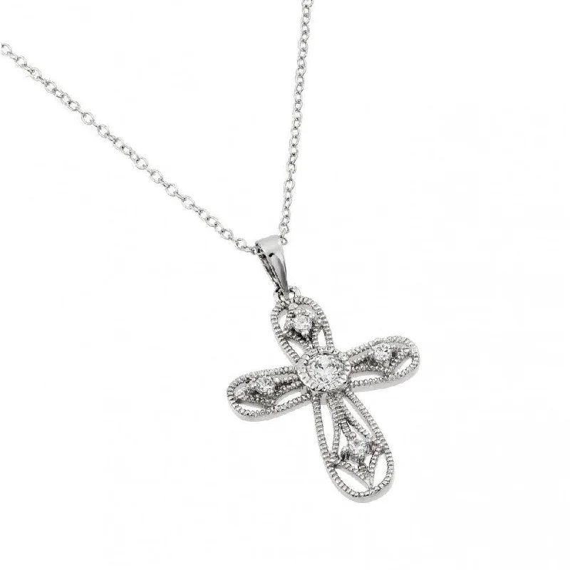 Silver 925 Rhodium Plated Clear CZ Round Cross Pendant Necklace - BGP00965