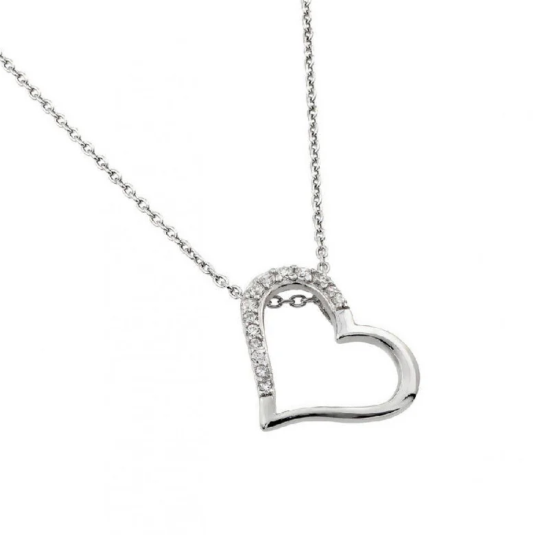 Silver 925 Rhodium Plated Clear CZ Slanted Heart Pendant Necklace - STP01432