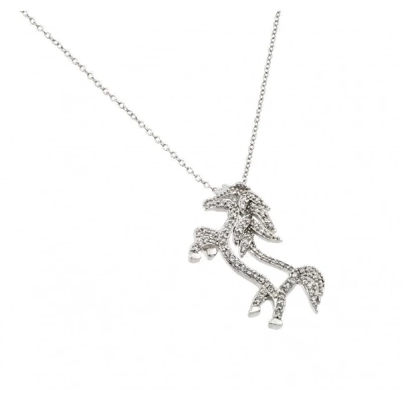 Silver 925 Rhodium Plated Clear CZ Standing Horse Pendant Necklace - BGP00938