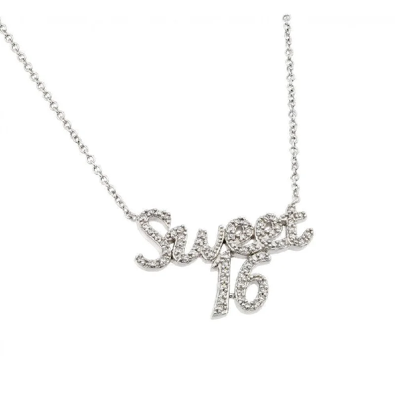 Silver 925 Rhodium Plated Clear CZ Sweet 16 Pendant Necklace - BGP00968