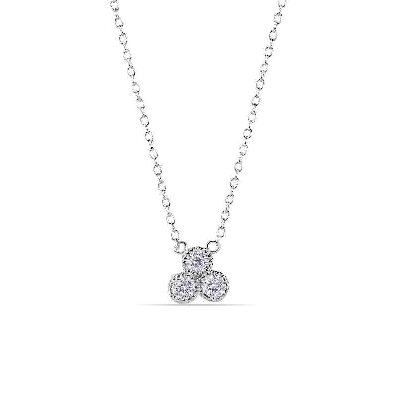 Silver 925 Rhodium Plated Clear CZ Triple Cluster Pendant Necklace - STP01444