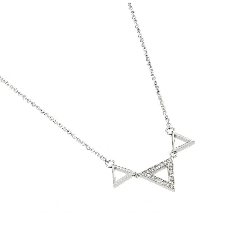 Silver 925 Rhodium Plated Clear CZ Triple Triangle Pendant Necklace - STP01442