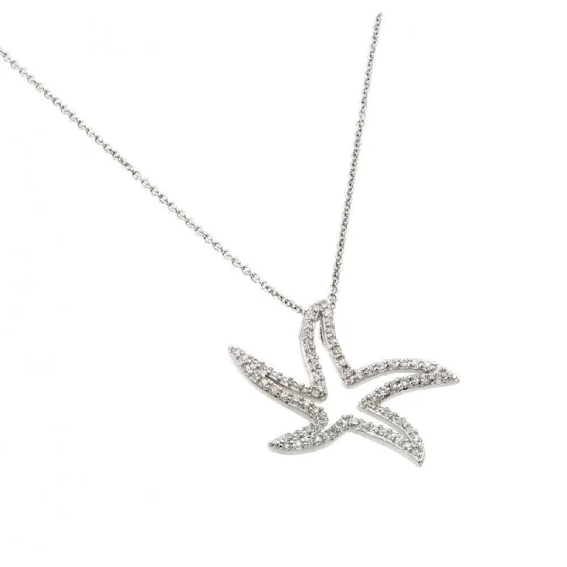 Silver 925 Rhodium Plated Clear CZ Twisted Star Pendant Necklace - STP01436