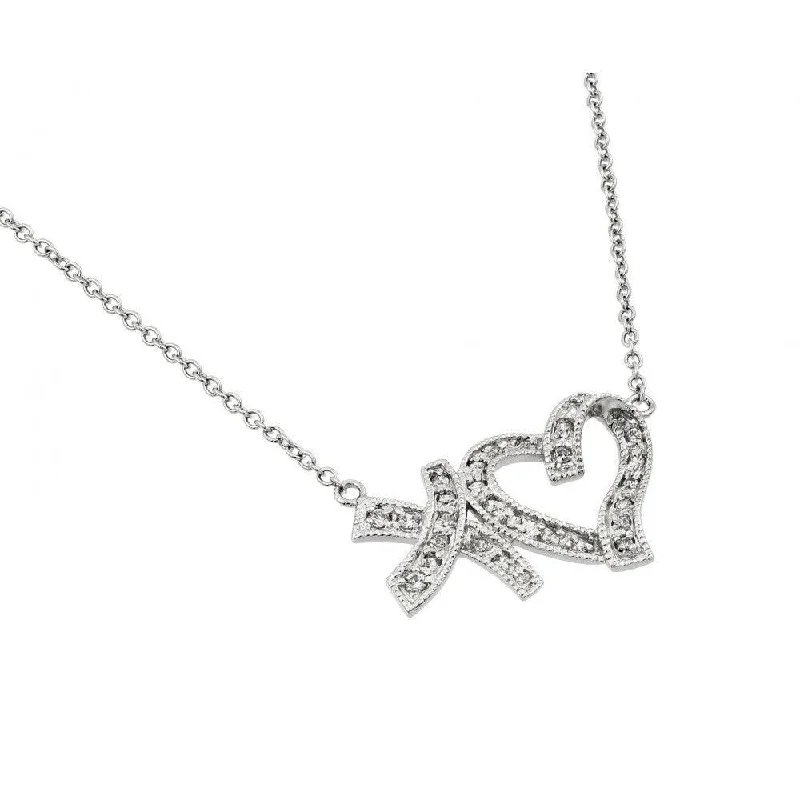 Silver 925 Rhodium Plated Clear CZ XO Heart Pendant Necklace - BGP00928