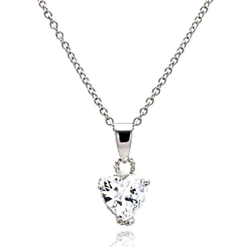 Silver 925 Rhodium Plated Clear Heart Solitaire CZ Rope Necklace - STP00090