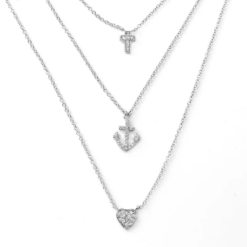 Silver 925 Rhodium Plated Cross Anchor Heart Necklace - STP01475