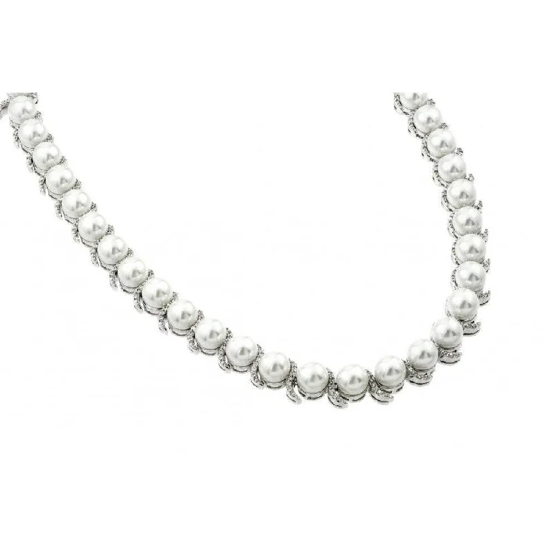 Silver 925 Rhodium Plated CZ Pearl Necklace - BGP00981