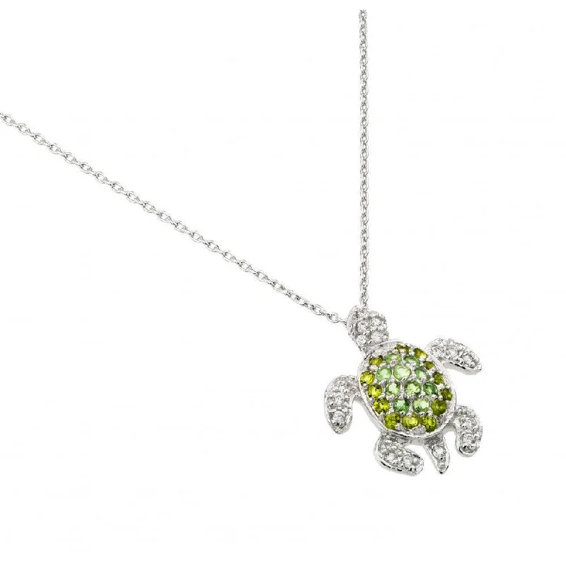 Silver 925 Rhodium Plated Green CZ Turtle Pendant Necklace - STP01461