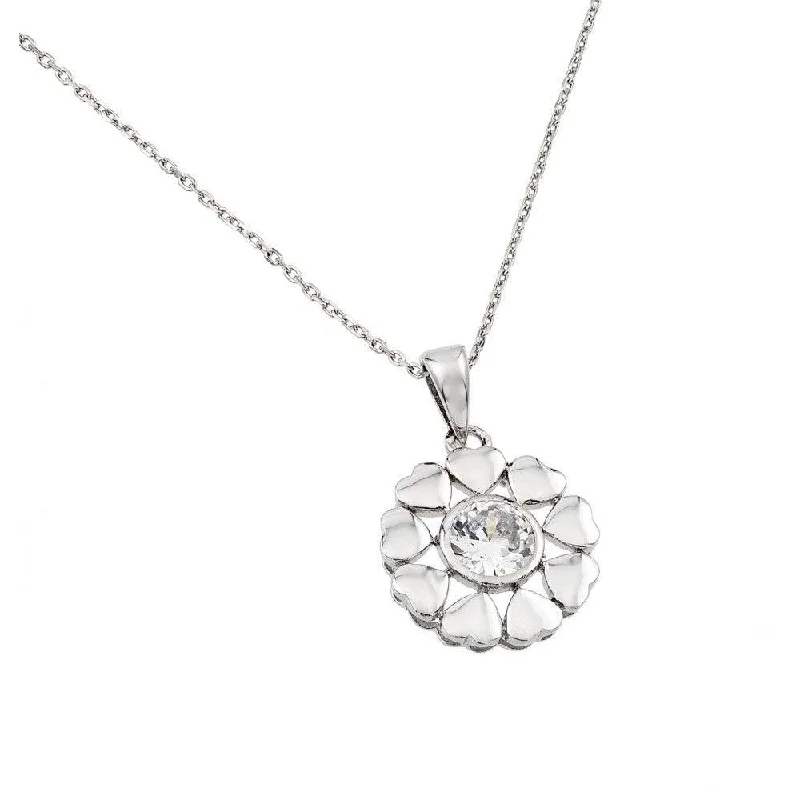 Silver 925 Rhodium Plated Heart Circle Chain with Clear CZ Stone Center Pendant Necklace - BGP00892