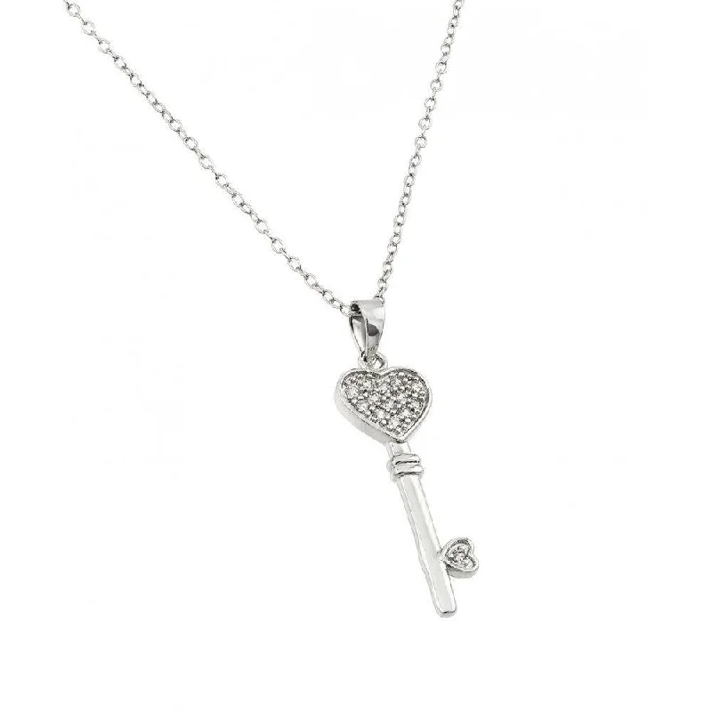 Silver 925 Rhodium Plated Heart Key CZ Necklace - BGP00362