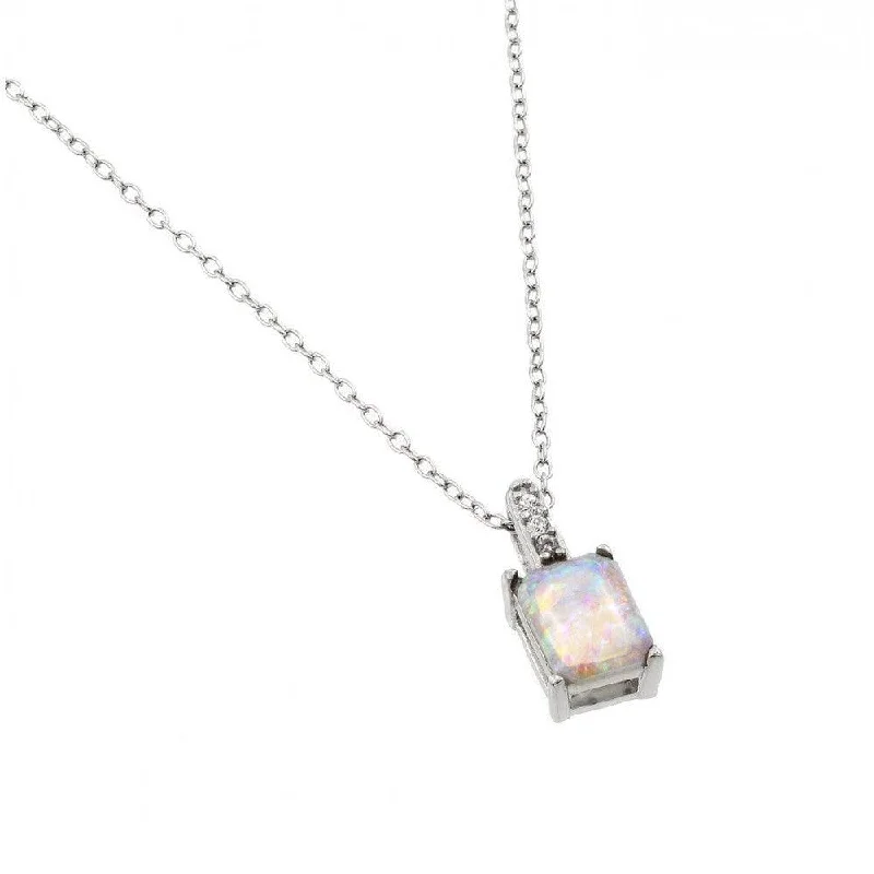 Silver 925 Rhodium Plated Opal Rectangle Pendant Necklace - STP01430