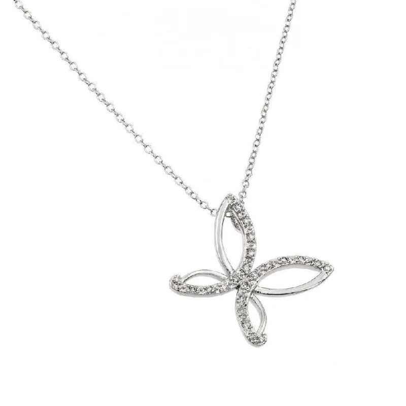 Silver 925 Rhodium Plated Open Butterfly CZ Necklace - BGP00464