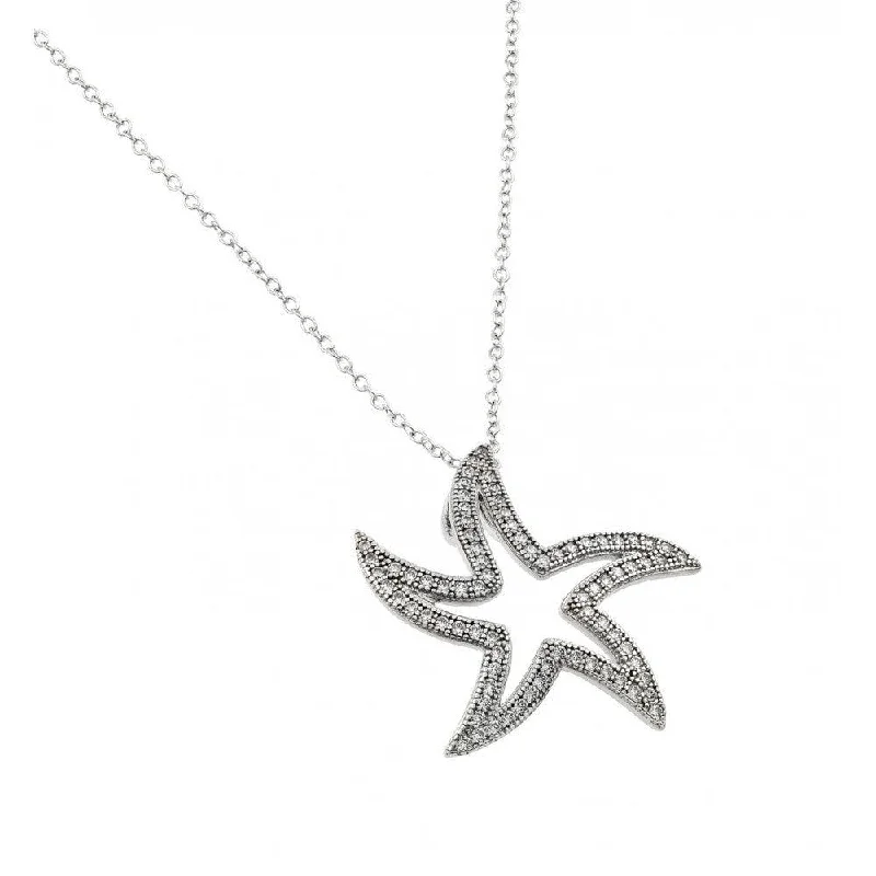 Silver 925 Rhodium Plated Open Curvy Star CZ Necklace - BGP00940