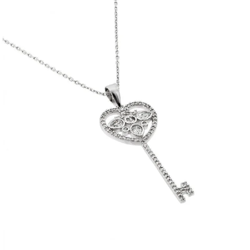 Silver 925 Rhodium Plated Open Heart Key CZ Necklace - BGP00436