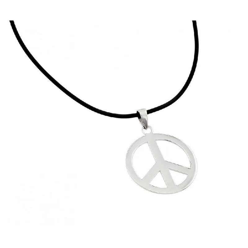 Silver 925 Rhodium Plated Peace Pendant Leather Necklace - STP00861