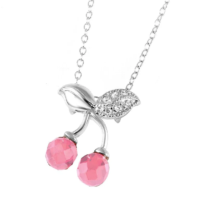 Silver 925 Rhodium Plated Pink CZ Cherries Necklace - BGP00443PNK