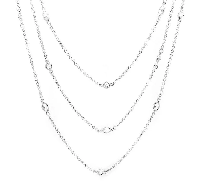 Silver 925 Rhodium Plated Round and Marquise Clear CZ 3 Row Necklace - BGP00929