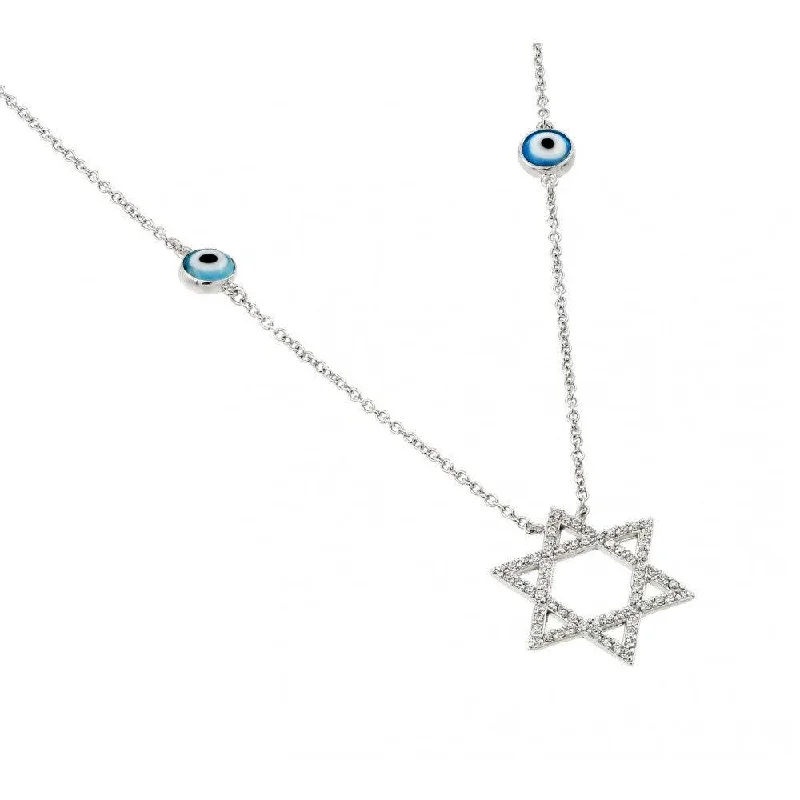 Silver 925 Rhodium Plated Round Evil Eye and Star of David Necklace - BGP00979