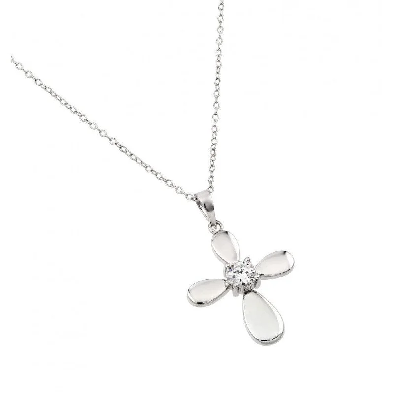 Silver 925 Rhodium Plated Solid Cross Clear CZ Center Pendant Necklace - BGP00878