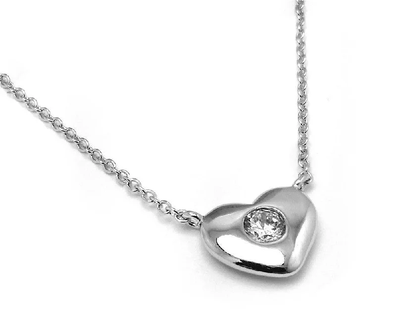 Silver 925 Rhodium Plated Solid Heart Pendant Necklace with CZ - BGP00946