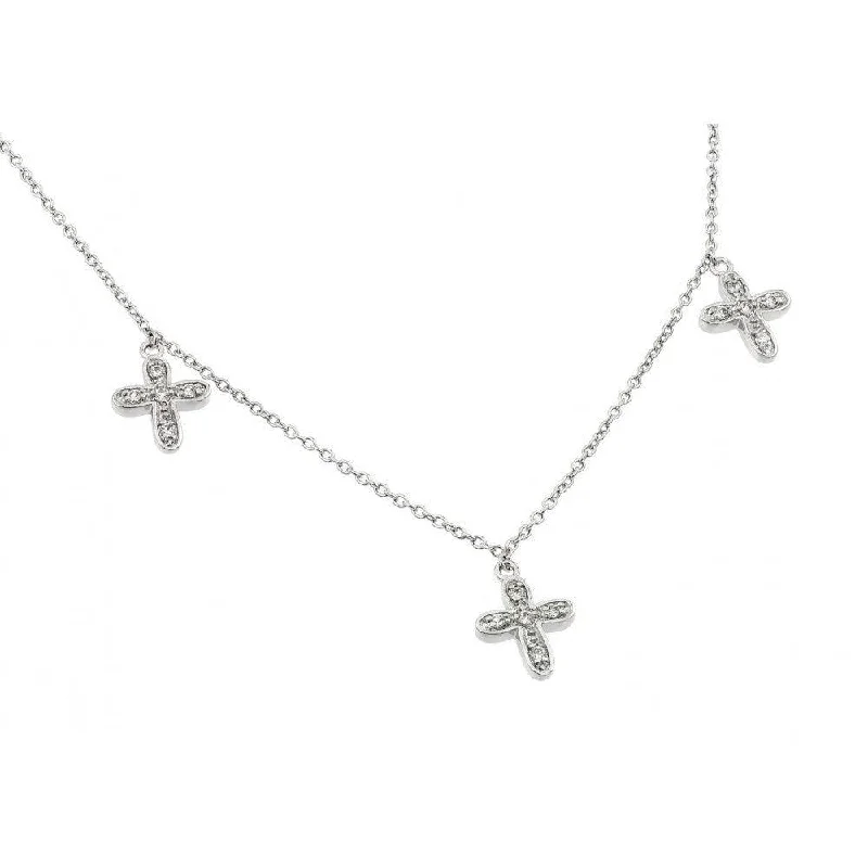 Silver 925 Rhodium Plated Three Small Cross CZ Necklace - BGP00495