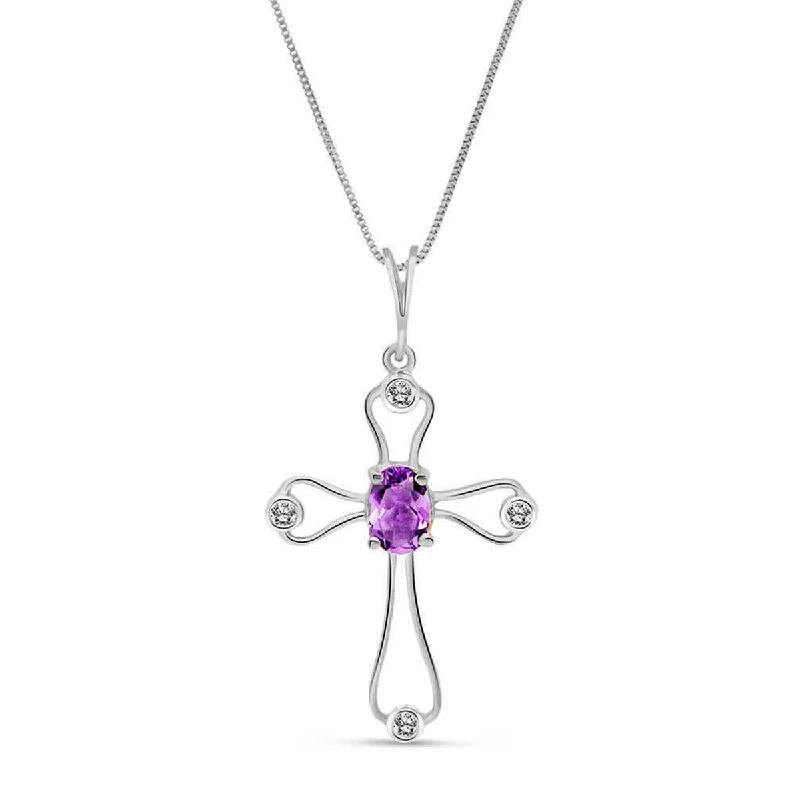 0.57 Carat 14K Solid White Gold Cross Necklace Natural Diamond Amethyst