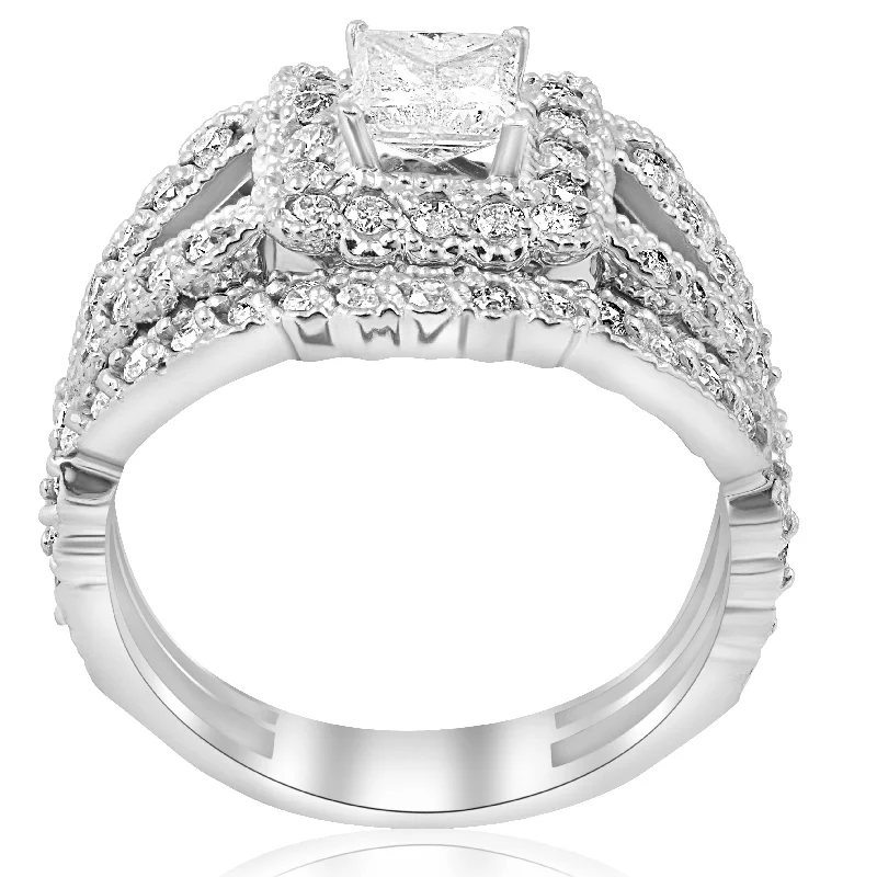 1 1/10ct Princess Cut Halo Diamond Engagement Ring White Gold Vintage Antique