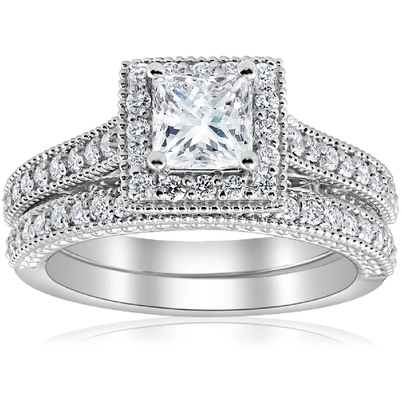 1 1/2ct Princess Cut Halo Vintage Diamond Engagement Ring White Gold