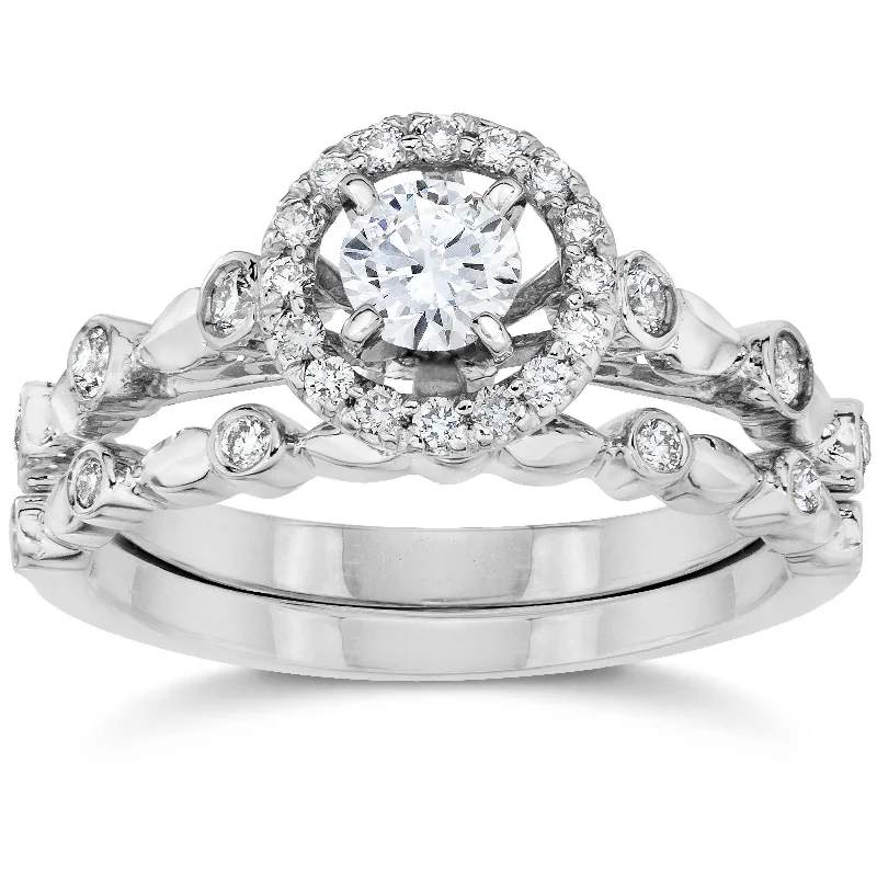 1/2CT Halo Diamond Engagement Wedding Ring Set White Gold