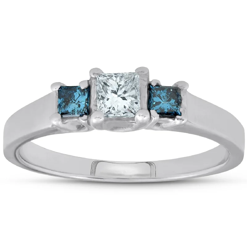 1/2ct Princess Cut Treated Blue & White Diamond 3-Stone Engagement Ring Gold