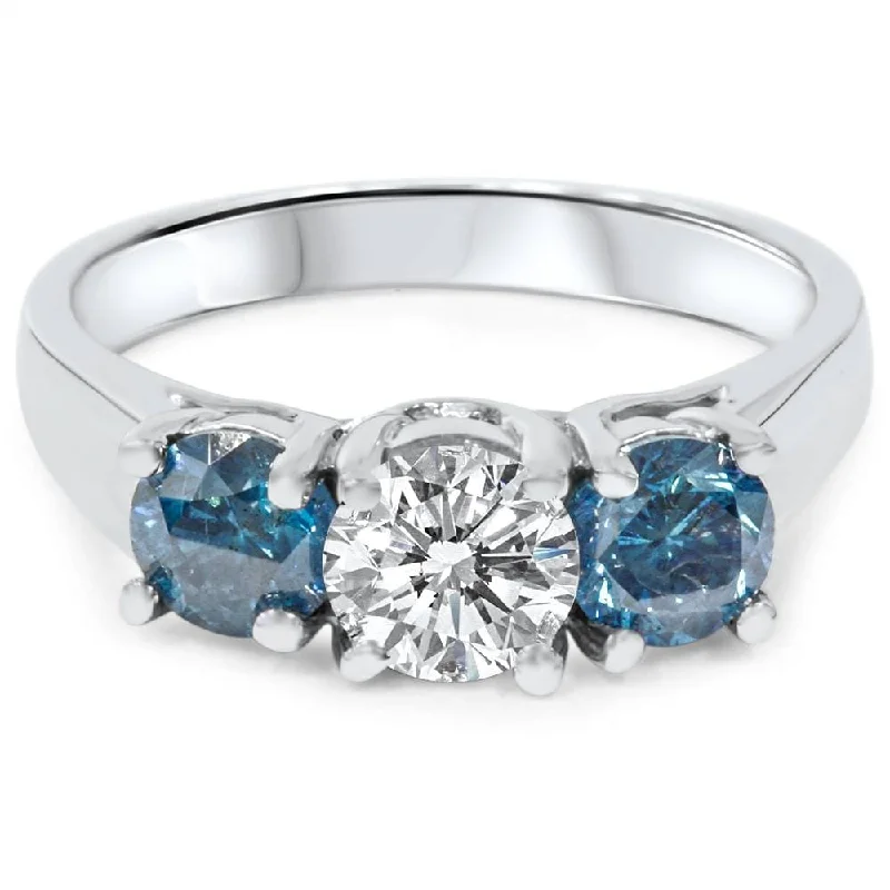 1 3/4ct Blue & White Diamond Three Stone Engagement White Gold Ring