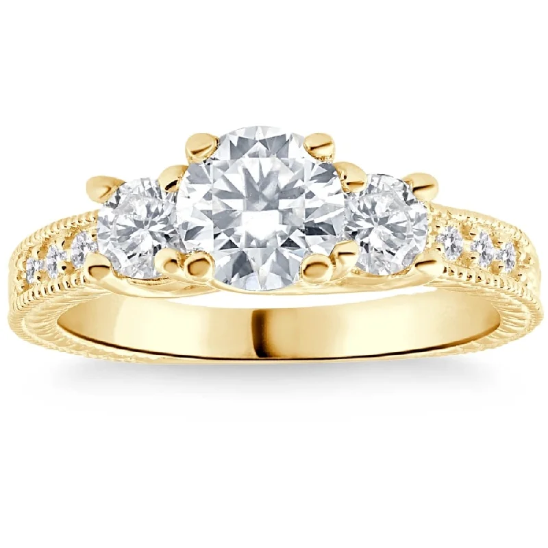 1.80Ct Three Stone Diamond Engagement Ring Vintage Accents Yellow Gold