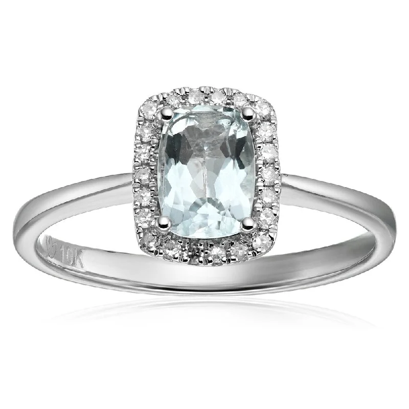 10k White Gold Aquamarine Diamond Cushion Halo Engagement Ring, Size 7 - Blue