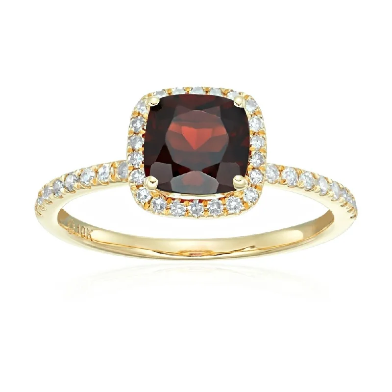 10k Yellow Gold Red Garnet and Diamond Cushion Halo Engagement Ring, Size 7