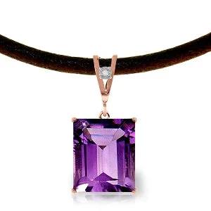 14K Solid Rose Gold & Leather Diamond/Purple Amethyst Square Cut Necklace