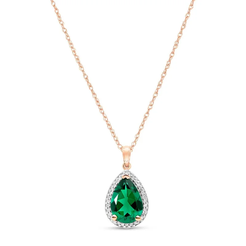 14K Solid Rose Gold Necklace With Natural Diamonds & Genuine Emerald 3.16 ctw High Polished Brilliant Cut - Grade AAA