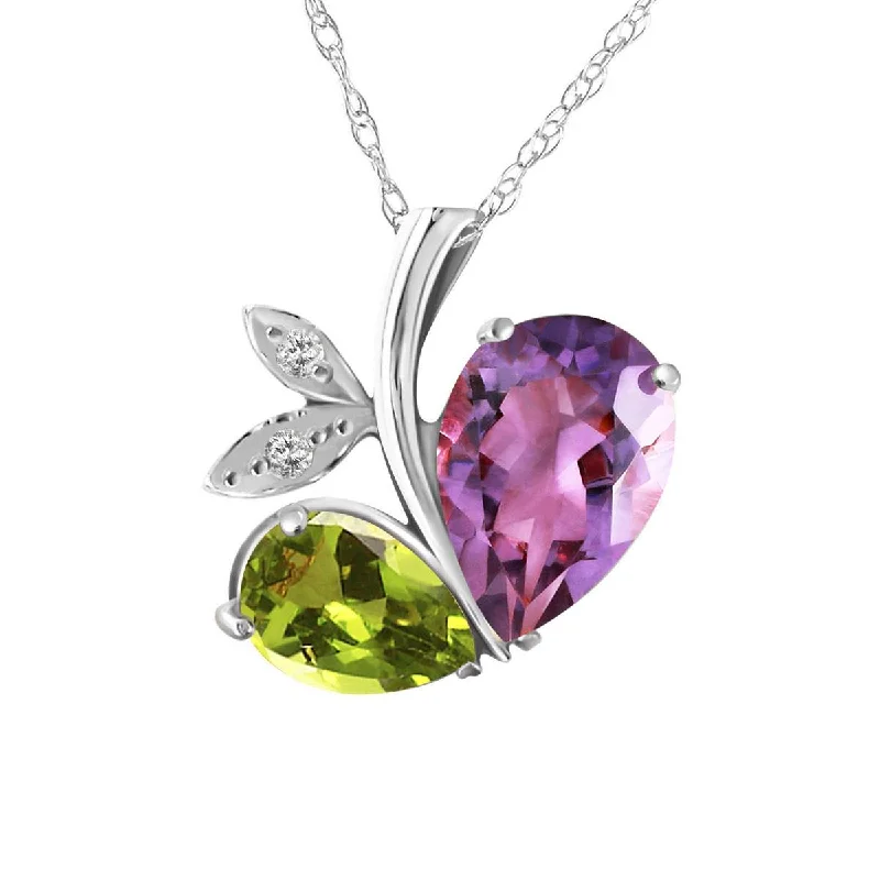 14K Solid White Gold Modern Heart Necklace Combination Of Amethyst, Peridot & Diamond