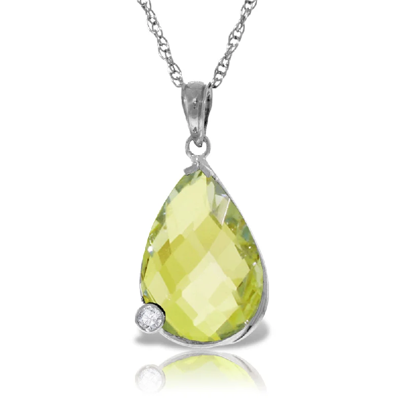 14K Solid White Gold Necklace w/ Briolette Checkerboard Cut Lemon Quartz & Diamond