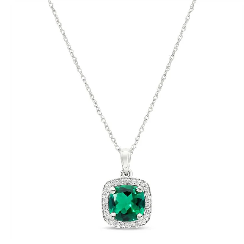 14K Solid White Gold Necklace With Natural Diamonds & Genuine Emerald 1.74 ctw High Polished Brilliant Cut - Grade AAA