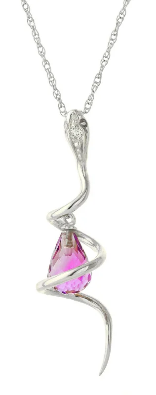 14K Solid White Gold Snake Necklace w/ Dangling Briolette Pink Topaz & Diamond