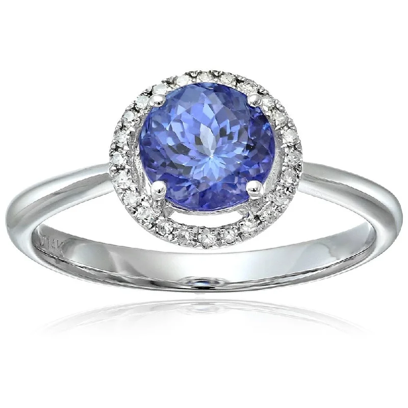 14k White Gold AAA Tanzanite and Diamond Classic Round Princess Di Halo Engagement Ring , Size 7