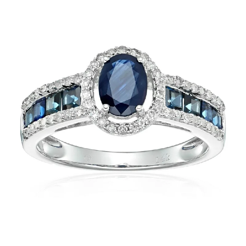 14k White Gold Blue Sapphire and Diamond Halo Engagement Ring, Size 7