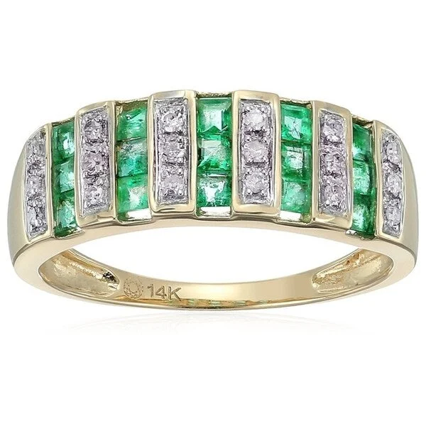 14k Yellow Gold Emerald, Diamond Wedding Band Ring, Size 7