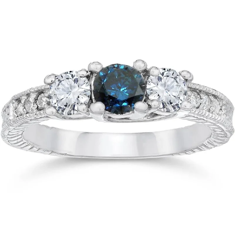 1ct Vintage Blue Diamond 3-Stone Engagement Ring White Gold