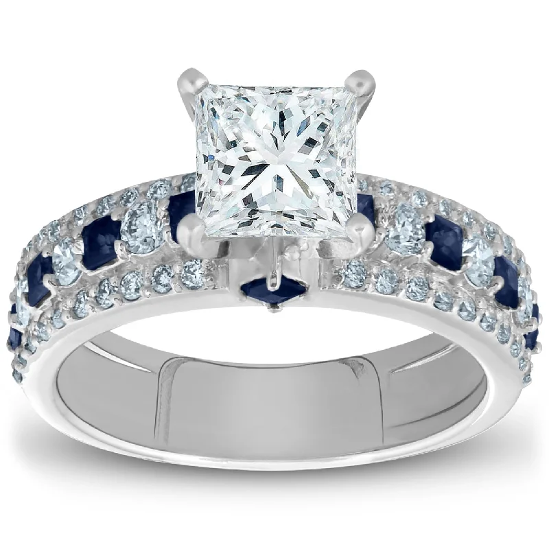 2 1/2ct Princess Cut & Blue Sapphire Diamond Engagement Ring White Gold