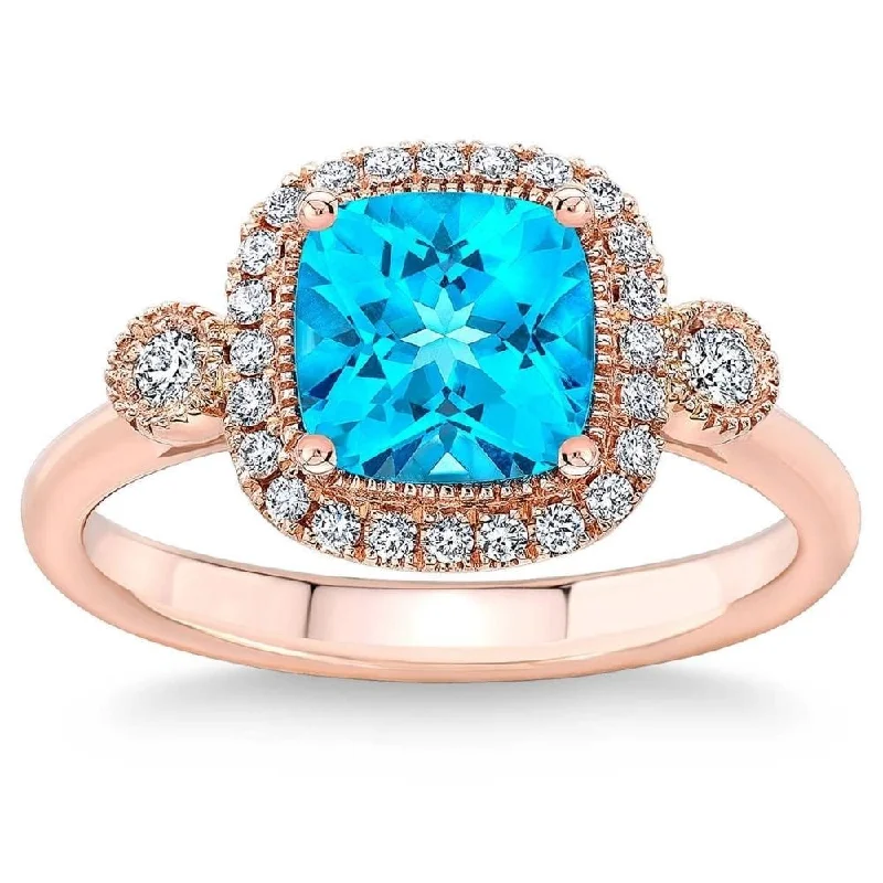 2Ct TW Blue Cushion Topaz & Diamond Halo Engagement Ring in Rose Gold