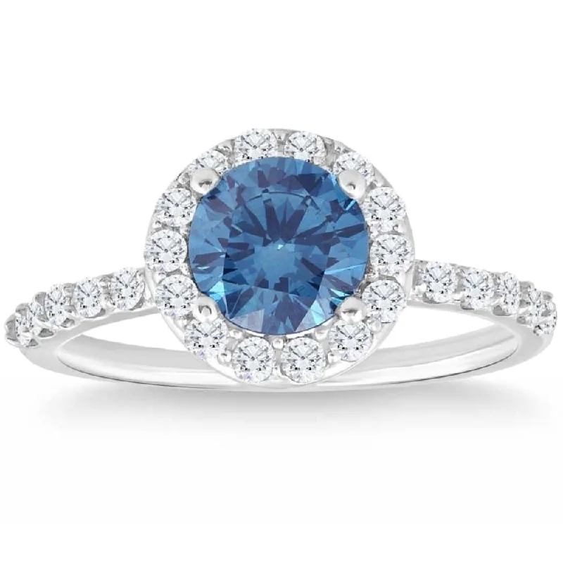 2Ct TW Blue & White Diamond Halo Engagement Ring in White Gold