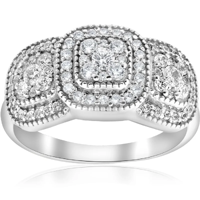 3/4ct 3-Stone Pave Cushion Halo Diamond Engagement Ring Vintage White Gold