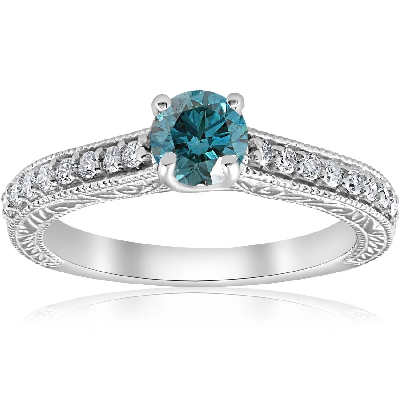 3/4ct Blue & White Diamond Vintage Engagement Ring White Gold